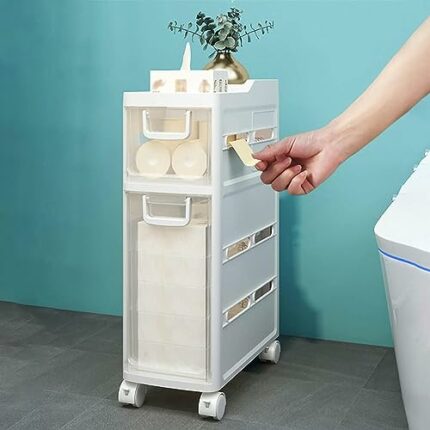 Plastic Small White Bathroom Cabinet Floor Storage with Slide Out Drawers, Multifunctional Storage Cabinet, Freestanding Side Cabinet for Bathroo