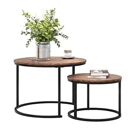 Round Nesting Coffee Table Set of 2 for Living Room, End Side Table with Metal Frame, Sofa Tea Table for Small Space, Black and Brown, 69.5 x 49