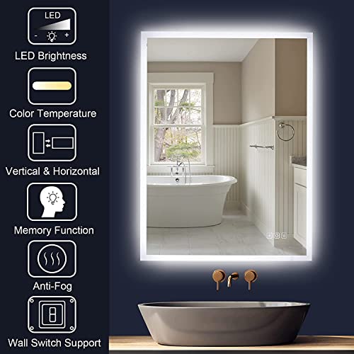furduzz IL-02-60 Illuminated Backlit LED Bathroom Mirror, 600x450mm Wall Mounted Multifunction Bathroom Vanity Mirror with Touch Button 3 Colour