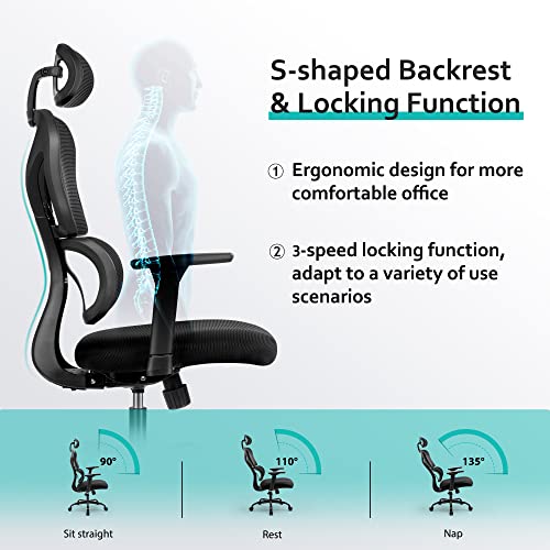 KERDOM Office Chair Ergonomic Desk Chair, office chairs for home Office With Adjustable Headrest and 3D Armrest - 130° Rocking Mesh Computer Chai