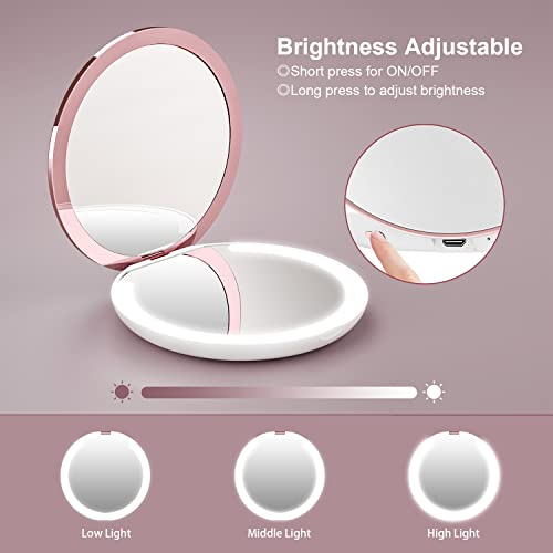 Kostlich Compact Makeup Mirror with Dimmable LED Lights, 1x/7x Magnifying, Rechargeable 127mm Wide Portable Travel Mirror for Handbag Purse, Whit