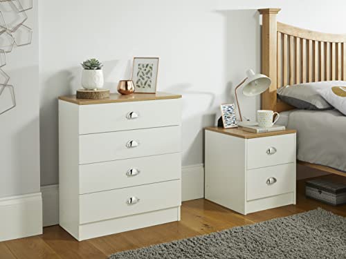 House and Homestyle Lilsbury 4 Drawer Bedroom Chest of Drawers in Cream and Oak with Chrome Cup Handles – 70 x 60 x 30cm