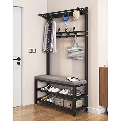 Modern Entry Hall Tree Coat Rack Shoe Storage Bench with 4 Detachable Hooks Industrial Accent Furniture with Metal Frame Multifunction Hallway Be
