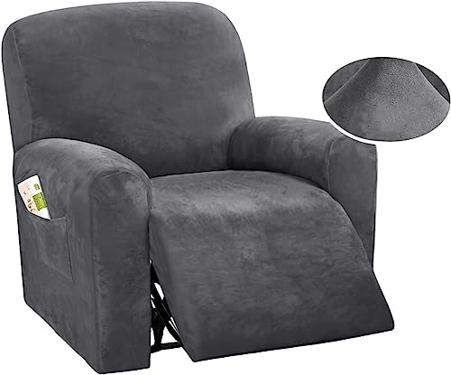 DSECHCRSL Velvet Recliner Chair Cover with Side Pocket, 4 Piece Non Slip Reclining Chair Cover, 1 Seat Stretch Recliner Cover Form Fitted Thick S