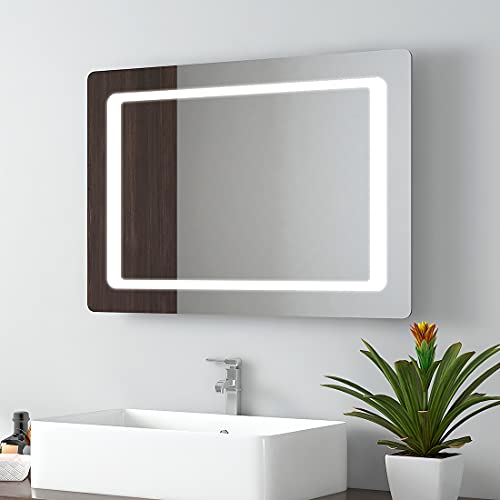EMKE 700 x 500mm LED Illuminated Bathroom Mirror with Shaver Socket | Sensor Switch | Demister Pad, Wall-Mounted Vanity Multifunction Mirror, Ene