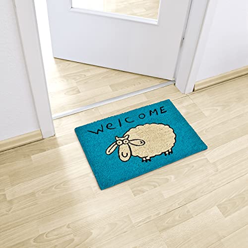 Relaxdays Coconut Fibre SHEEP Doormat 40 x 60 cm Coir Welcome Mat with No-Slip Rubber PVC Underside, Blue