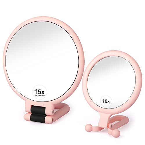 Linkstyle 2 Pieces Magnifying Makeup Mirrors, Hand Mirrors Double Sided with 1/10/15X Magnification, Beauty Vanity Mirror Travel Folding Portable