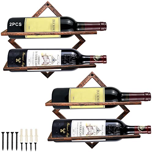 MERYSAN 2Pcs Metal Wall Mounted Wine Holder, Vintage Copper Hanging Wall Wine Rack Storage for 3 Liquor Bottles 3 Glass, Red Wine Bottle Display