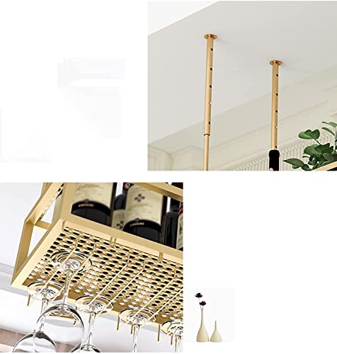 EMISOO Hanging Ceiling Shelf Hanging Wine Rack, Metal Ceiling Bottle Rack, Adjustable Height Black/Gold Display Wine Storage Holder with Stemware