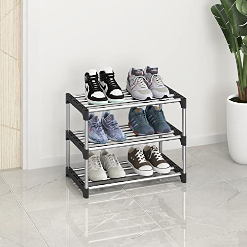 NIAWECAN Small Shoe Rack, Stackable Shoe Rack 3 Tier, Footware Storage, Lightweight Shoe Rack Storage Organizer, Sturdy Narrow Shoe Shelf for Clo