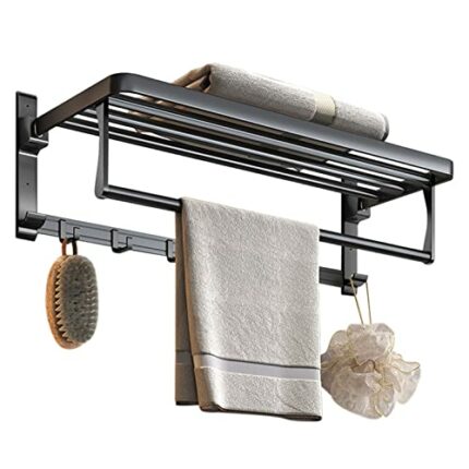 Towel Storage Self Adhesive Towel Shelf No Drilling Towel Rack Wall Mounted with Hook Foldable Space Aluminum for toilet bathroom,Black,50cm