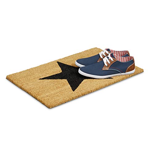 Relaxdays Natural Coconut Fibre Coir STAR Doormat Door Mat Welcome Mat w/ Anti-Slip Rubber PVC Underside, Brown