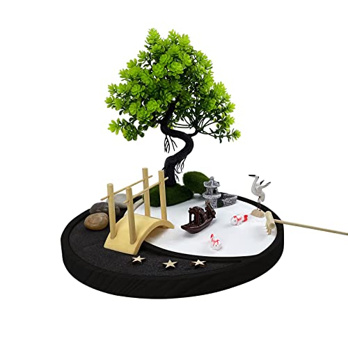Desktop Zen Garden Kit White & Black Sand 9.5 Inch Large Black Moon Tray, Japanese Mini Zen Garden Gift Set, Bonsai Tree, Bridge, Fisherman's boa
