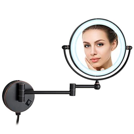 DOWRY Wall Mounted Magnifying Mirror with Light 1x/7x Black Bronze Extendable Illuminated Shaving Mirror 360 ° Rotatable Double Sided Mirror,Diam