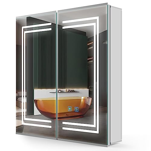 LUMIRRORS® Bathroom Mirror Cabinet with Shaver Socket LED Lights 63x65cm 2-door Dimmer Touch Switch Fogless Aluminum Adjustable Shelves Storage C