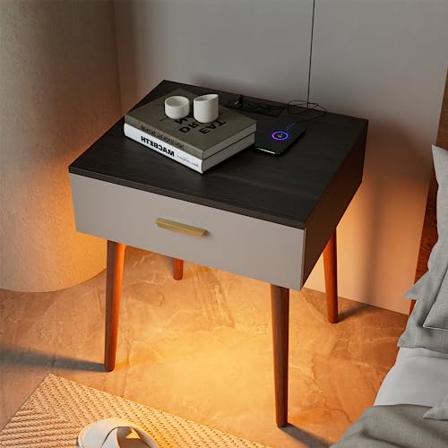 Frylr Nightstand with LED Light,End Table with Charging Station Touch & Hand Waving Control Bedside Tables, Side Table for Bedrooms, Living Room,