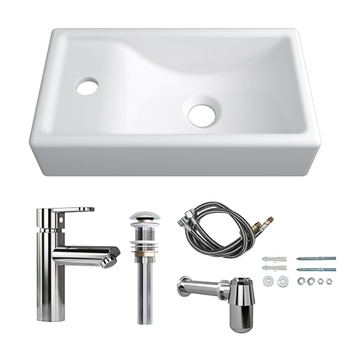 MEJE 41x23 cm Wall Hung Basin Sink Combo, Small Cloakroom Basin, Rectangle Ceramic Bathroom Wash Basin - Left Hand Sink Set (Include Faucet & Pop