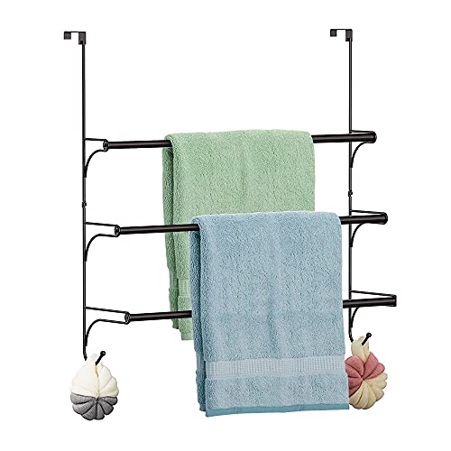 Over the Door Towel Rail - 3 Tier Bathroom Hanging Towel Rack with 2 Hooks - Expandable Towel Ladder for Towelsor Clothing - Black