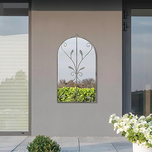 MirrorOutlet The Arcus - Concrete Colour Framed Modern Arched Garden Wall Mirror 31" X 18" (80CM X 46CM) Silver Mirror Glass with Black All weath