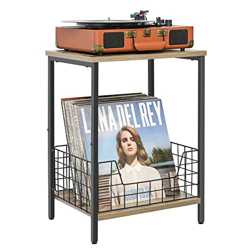 2-Tier Record Player Table, Industrial Retro Side Table Nightstand Small End Table for Living Room Bedroom Kitchen Office Small Spaces, Record Pl