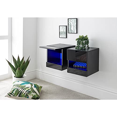GFW Pair of Wall Mounted Floating Bedside Tables with Led Downlights & Storage Cupboard, Black, Width x 30 cm Depth x 31 cm Height