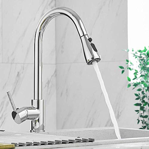 Heable Kitchen Sink Mixer Tap with Pull Down Sprayer Chrome, Single Handle High Arc Pull Out Kitchen Taps, Single Level Solid Brass Kitchen Fauce