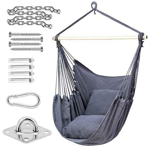 Hanging Chair Cotton Swing Chair with Hardwares, Ohuhu XL Portable Gray Hammock Chair with Cushions Installation Kit Detachable Metal Support Bar