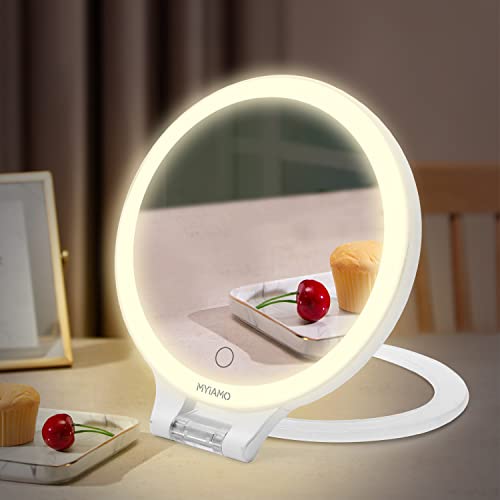 MYIAMO Makeup Mirror with Lights, Double Sided Lighted Magnifying Mirror 10X/ 1X with 3 Color Lighting Modes, Tabletop Mirror with Adjustable Fol