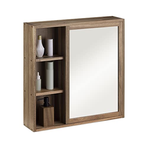 Navaris Wooden Bathroom Cabinet - Acacia Wood Cupboard with Mirror & Shelves - Wall Mounted Storage Unit for Bath Room or Restroom - 60.5 x 60 x