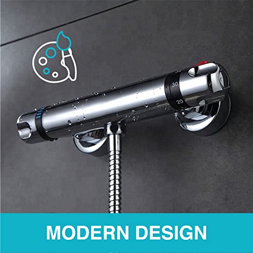 ENKI, Luna, T30, Wall Mounted, Valve 1/2" Outlet, Thermostatic Shower Mixer Bar for Bathrooms, Chrome Modern Mixer Tap Style
