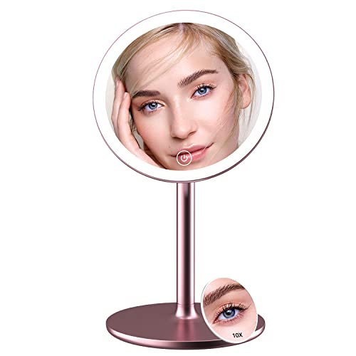 Kostlich Lighted Makeup Mirror with 3 Light Settings, Rechargeable Vanity Mirror with 10x Magnification Pocket Mirror - Magnetic Detachable Alumi