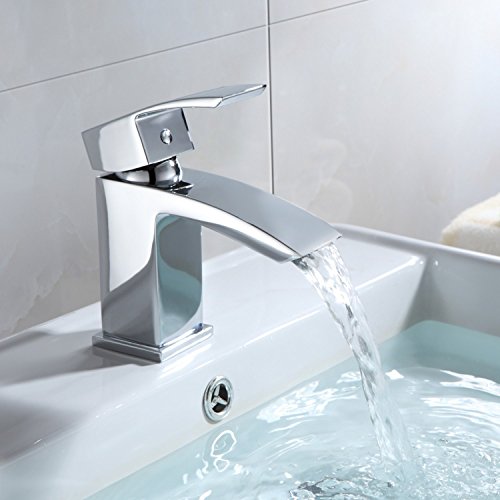 Hapilife Basin Taps Waterfall with Pop up Waste Square Bathroom Sink Mixer Taps with UK Standard Hoses