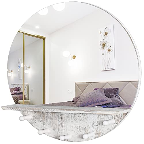 JJUUYOU Rustic Circle Wall Mirror 50CM for Home Decor Rustic White Round Mirror for Bathroom Wall decor Wood Frame Mirror for Living Room, Bedroo