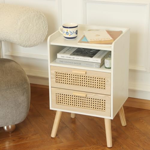 MaxSmeo White Nightstand with Rattan Drawers, Mid Century Modern Bedside Table, Boho Wood Nightstand for Living Room and Bedroom, White