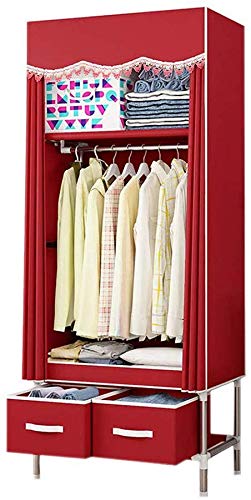 MU Assembled Wardrobe Portable, Small Wardrobe with 2 Drawers Closet Storage Bag 25Mm Steel Frame Non-Woven Bedroom Camping Wardrobe Closet,Pink