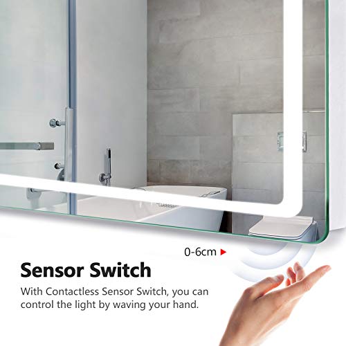 EMKE 700 x 500mm LED Illuminated Bathroom Mirror with Shaver Socket | Sensor Switch | Demister Pad, Wall-Mounted Vanity Multifunction Mirror, Ene