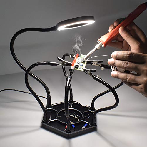 Helping Hands, Third Hand Soldering Station with 3X Magnifying Lamp, 6 Helping Arms and Vise Holder Base Soldering Iron Tips Cleaner Holder for W
