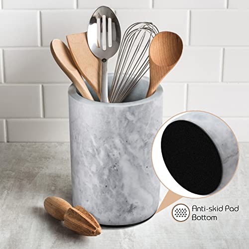 Flexzion Kitchen Tool Crock Utensil Holder and Wine Cooler Chiller, Natural White Marble 5" x 7" Inch, Unique One-Of-A-Kind Pattern Stone Contain