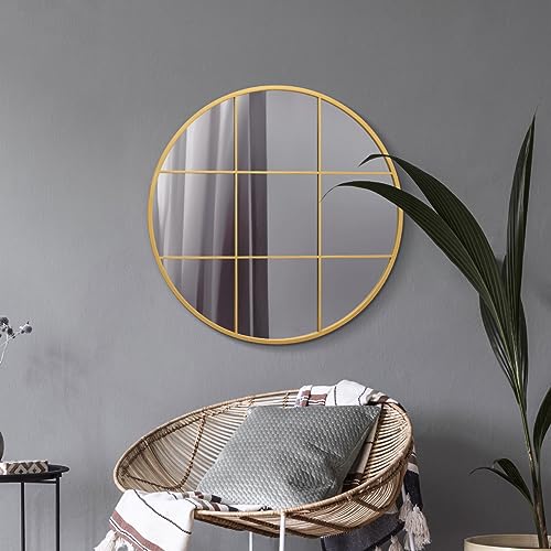 MirrorOutlet The Circulus - Solid Gold Metal Framed Window Modern Round Circular Wall Mirror 31" X 31" (80CM X 80CM) Silver Mirror Glass with Bla