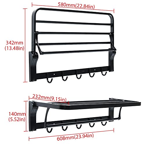 HIGOH Towel Racks,Bathroom Towel Rack Wall Mounted Towel Holder,Towel Rack,Bathroom Folding Shelf with Swing Towel Bar and Hooks,Heavy Duty Wall