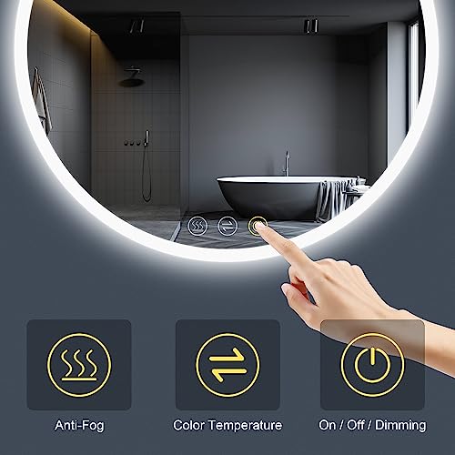 ICYWANG Bathroom Mirror with LED Lights Circular 50cm | Touch Sensor | Demister Pad | Wall-Mounted Vanity Illuminated Backlit Mirror Energy-Savin