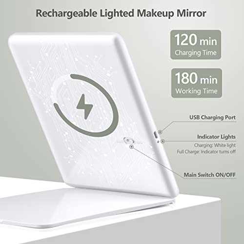 Large Travel Makeup Mirror with 10X Magnifying Mirror, Travel Lighted Makeup Mirror, 3 Color Lighting, Rechargeable 2000mAh Batteries, Portable U