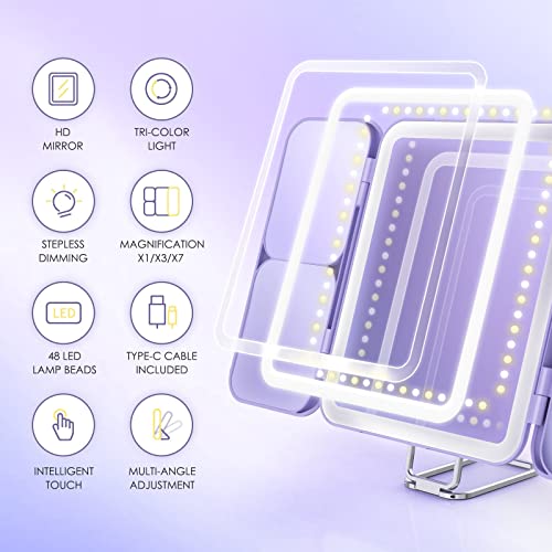 LED Makeup Mirror with Lights 3 Colour Light Rechargeable Portable Travel Mirror with 1X/3X/7X Magnification, Tri-Fold Lighted Vanity Mirror Make
