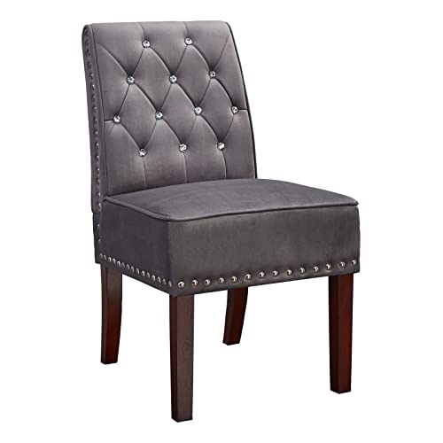 Modern Accent Chair for Living Room, DRM'SCUUM Kitchen Dining Room Chair, Beautiful Bedroom Corner Chair, Grey Velvet with Crystal Buttons and St