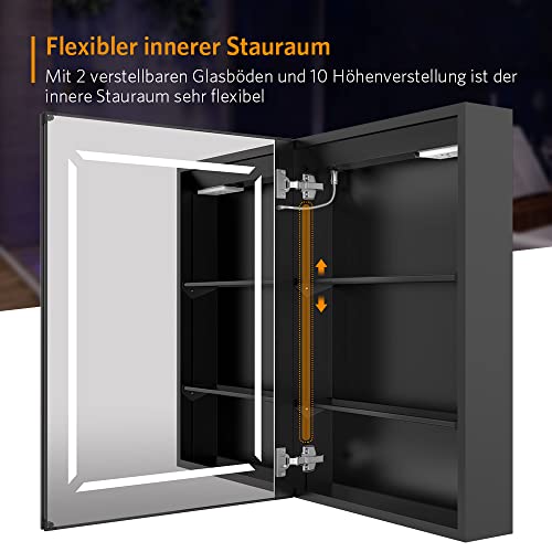 Quavikey® Bathroom Mirror Cabinet with Lights and Shaver Socket Black LED Medicine Cabinet Wall Mounted with Shelf 3 Color Temperature Adjustment