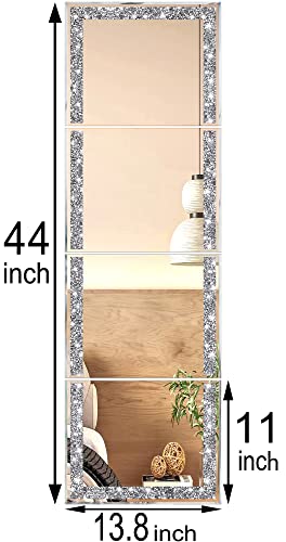 Meetart Full Length Mirror Tiles,Crystal Crush Diamond Full Body Wall Mirror,14''x11'' 4PCS Glass Frameless Make Up Mirror for Home Decor,Room De