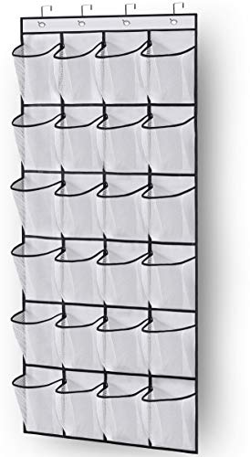 MISSLO Over the Door Shoe Storage Organiser Hanging Shoe Rack Holder 24 Large Mesh Pockets for Wardrobe Door Tidy with Hanger(White)