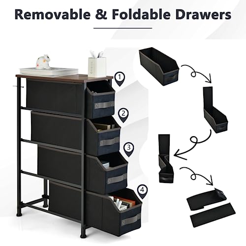 Multigot Slim Chest of Drawers, Folding Fabric Drawer Dresser with 4 Removable Drawers & Wooden Top, Narrow Storage Tower Unit for Bedroom, Livin