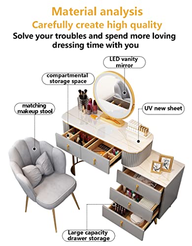 GORKEM Dressing table with LED 3-color lighted mirror Lighted dressing table and sideboard with 3 drawers Ladies and girls dressing table with ot