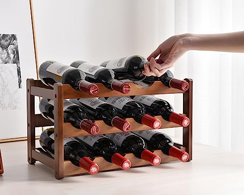 LASIEYO Wooden Wine Rack, 3 Tiers 12 Bottle Free Standing Wine Storage Holder, Retro Minimalist Style Home Decorations Wine Display Shelves for H